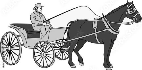 A black and white line drawing depicts a horse-drawn carriage. The main subject is a dark-colored horse, positioned in the right half of the frame, facing the viewer in a three-quarter view. It’s wear
