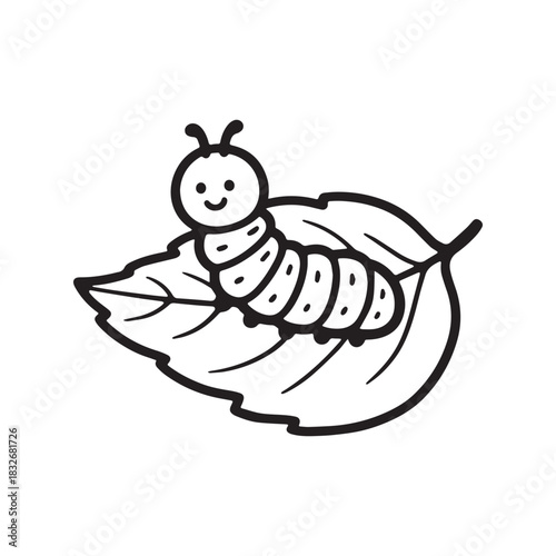 Cute smiling caterpillar resting on a leaf in simple bold outline style.