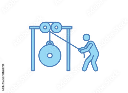 Person Pulling Rope Operating Gong Machine with Pulley System Simple Blue Outline on Black Background