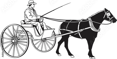 A black and white line drawing depicts a horse-drawn carriage. The main subject is a dark-colored horse, positioned in the right half of the frame, facing the viewer in a three-quarter view. It’s wear
