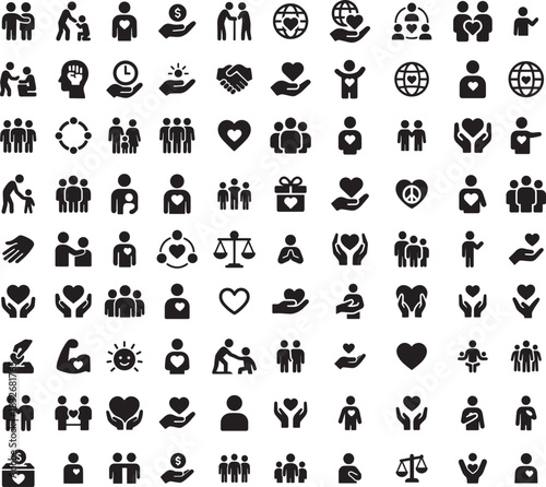 Set of silhouette icons representing various aspects of charity donation and humanitarian aid concepts