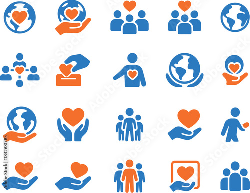 Collection of vibrant charity and donation icons featuring blue and orange color scheme for support