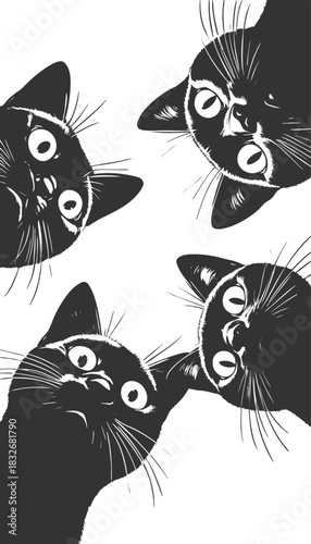 Adorable group of curious black cats with big eyes peering downward sketch engraving generative ai fictional character vector illustration. Scratch board imitation. Black and white image.