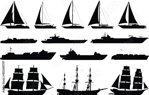 boat nautical silhouettes of sailboats yachts warships and galleons