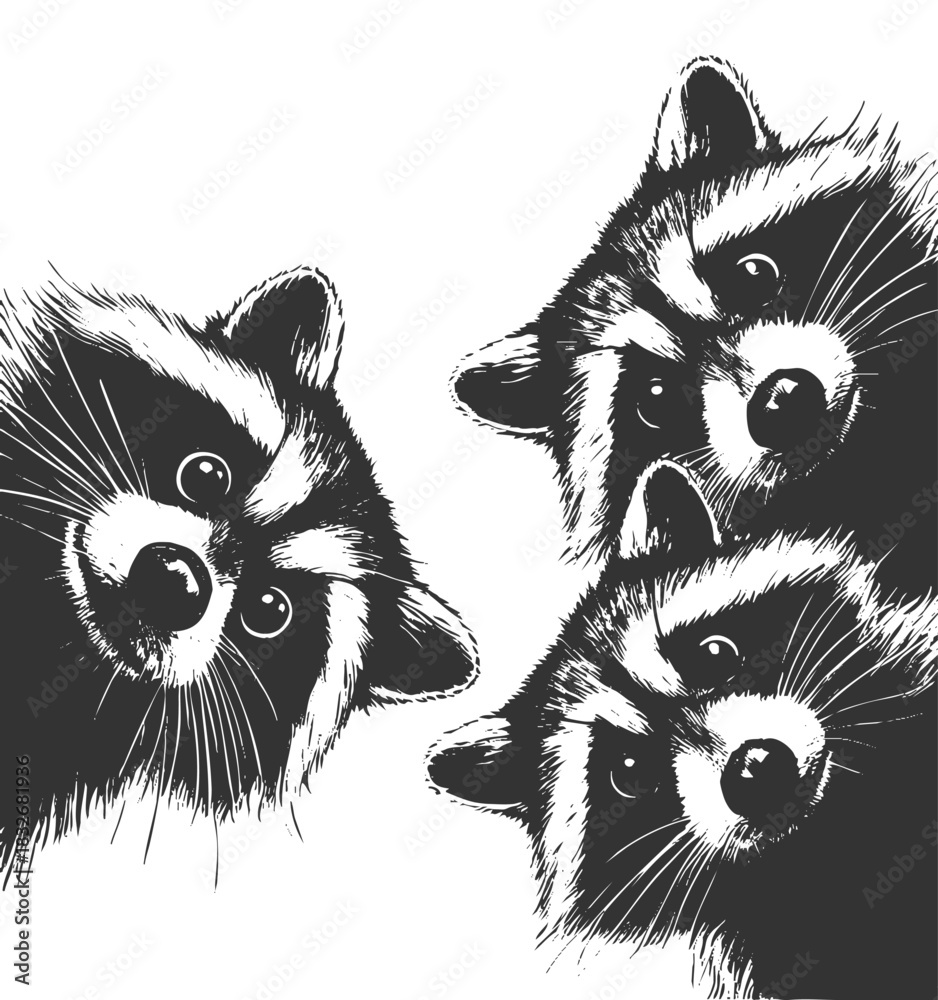 Obraz premium three raccoons peering downward with wide-eyed expressions, ideal for humor or wildlife themes sketch engraving generative ai vector illustration. Scratch board imitation. Black and white image.