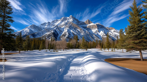 Invigorating winter trek through snowy forest path leading to majestic snow-capped mountains under a vibrant blue sky