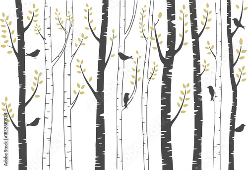 birch woodland black white green vector art for print