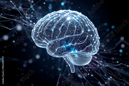 3D Digital Human Brain Concept with Glowing Nerve Cells, Floating Data Points, and AI Neural Connections, Representing Intelligence, Learning, and Cognitive Technology