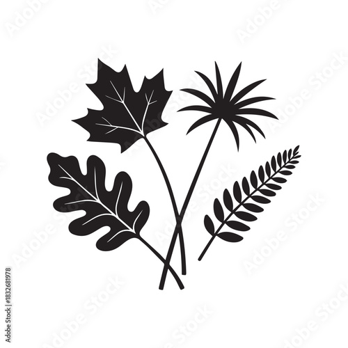 Elegant bundle of assorted botanical leaves in bold minimalist black silhouette style.