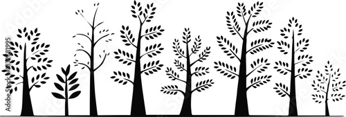 tree row of black tree silhouettes for logos and icons