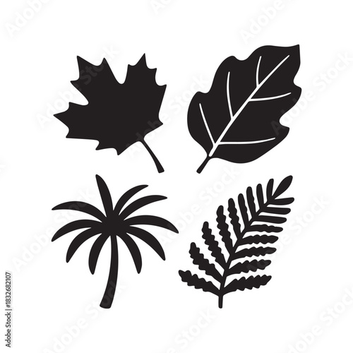 Elegant bundle of assorted botanical leaves in bold minimalist black silhouette style.