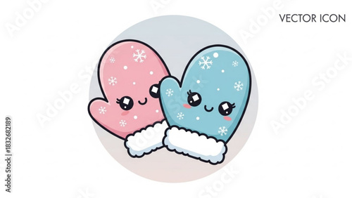 Cute kawaii cartoon pair of pink and blue winter mittens with snowflakes and fluffy white trim embracing each other in a circle vector icon illustration