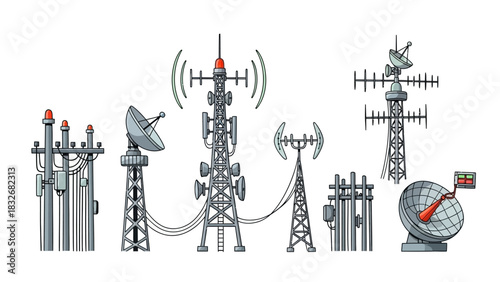 Vector illustration set of various communication towers, satellite dishes, and antennae for global broadcasting and wireless network connectivity