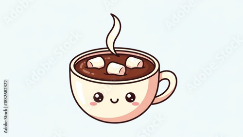 Cute kawaii hot chocolate with marshmallows and steam in a mug with a happy face and pink cheeks on a light blue background