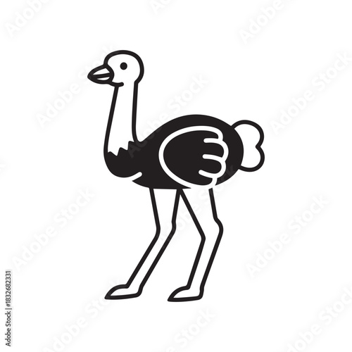 Ostrich Cartoon Icon, Simple Black and White Running Bird Illustration.