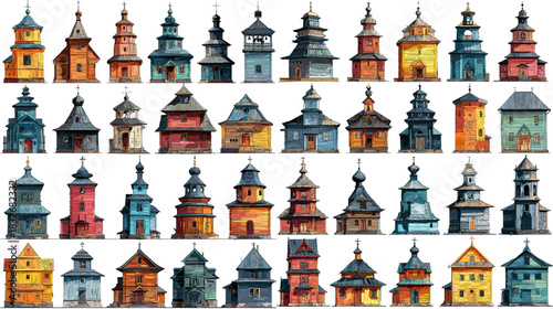 Illustration set of colorful wooden village houses featuring unique architectural shapes, rustic textures and cultural design elements. Suitable for heritage themes and creative landscape projects.