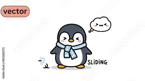 Cute cartoon penguin wearing a scarf with a happy thought bubble and the word sliding isolated on a white background vector illustration