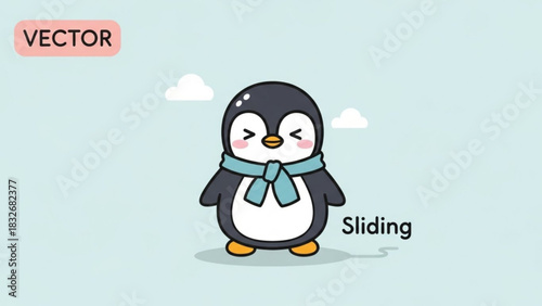 Cute cartoon penguin wearing a scarf happily sliding on ice with a soft blue background and fluffy clouds vector illustration for children