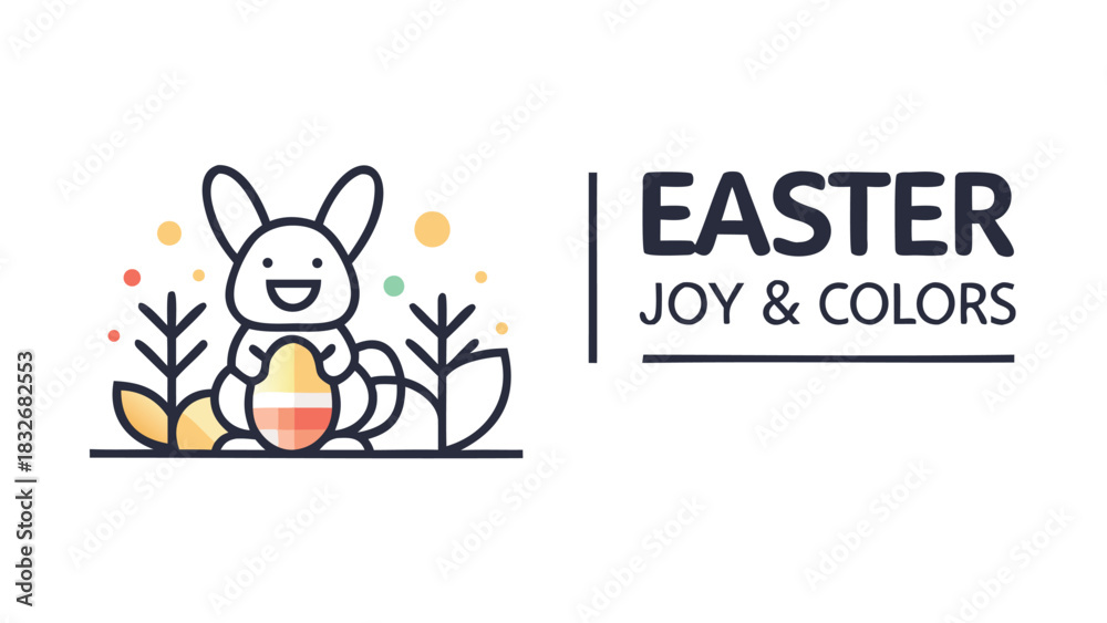 Fototapeta premium Cute cartoon easter bunny holding a colorful egg surrounded by stylized plants and dots with the text easter joy and colors
