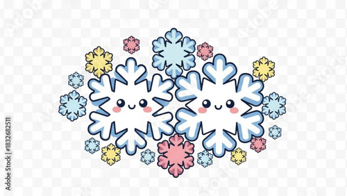 Two adorable cartoon snowflakes with rosy cheeks and happy smiles are surrounded by a cluster of smaller colorful snowflakes in blue pink and yellow