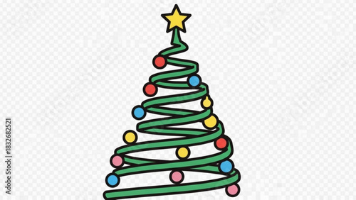 A stylized green christmas tree with a yellow star on top and colorful baubles adorning its spiral branches perfect for holiday design elements