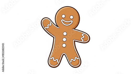 A cheerful gingerbread man cookie with white icing trim and three white candy buttons waves hello on a plain white background