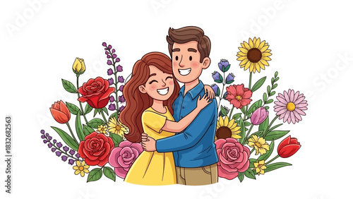Charming vector illustration of a young loving couple in an embrace, surrounded by a beautiful frame of colorful flowers