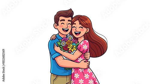 Couple Embracing With Flowers Illustration A Romantic Celebration of Love and Affection
