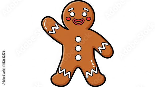 A cheerful cartoon gingerbread man character with a friendly smile and rosy cheeks waving hello perfect for holiday and baking themes