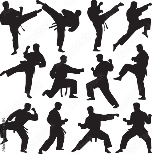 karate gi and belt silhouettes set for sport training illustration