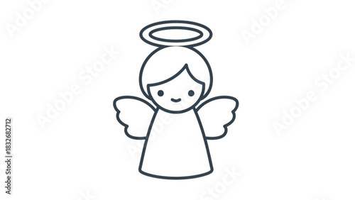 Simple and cute line art illustration of a friendly angel with wings and a halo against a white background perfect for children s themes and design elements