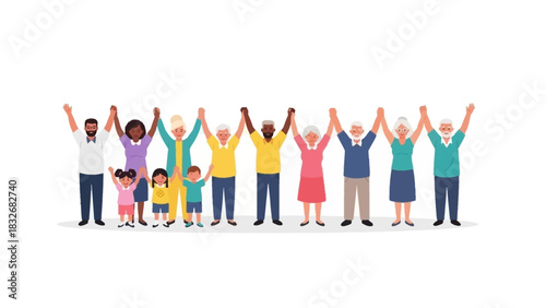 A diverse group of multicultural and multi-generational people standing together holding hands in a show of unity and community