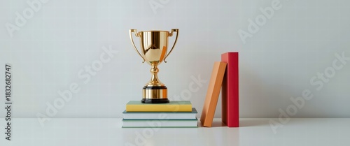 A golden trophy perched atop colorful books represents academic excellence, achievement, and the rewarding journey of learning and dedication. Inspire success!