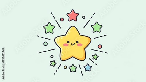 A cheerful yellow star character with a smiling face and rosy cheeks is surrounded by smaller colorful stars and festive graphic elements on a light mint green background
