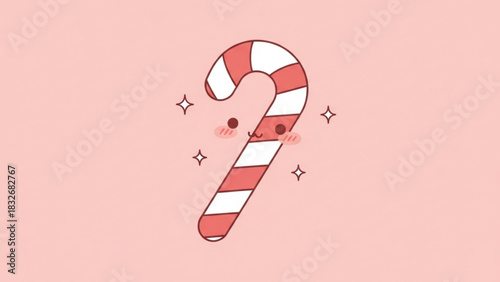 Cute kawaii candy cane character with blushing cheeks and sparkles on a soft pink background perfect for holiday designs and sweet themed content