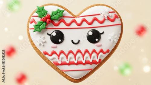 Adorable heart shaped christmas gingerbread cookie with kawaii face decorated with holly and snowflakes festive holiday treat