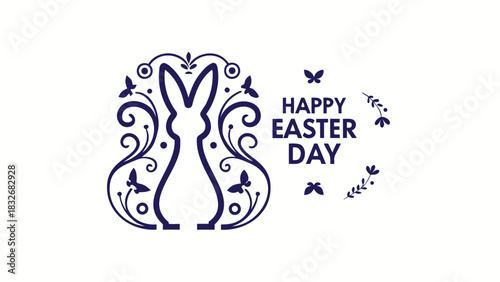Elegant navy blue easter bunny silhouette with decorative floral swirls and butterflies accompanied by happy easter day text on a clean white background