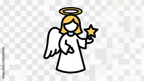 A simple and charming cartoon illustration of a blonde angel with a golden halo and white wings holding a golden star in its hand against a transparent checkered background