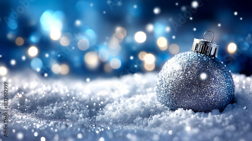 Sparkling blue Christmas ornament nestled in fresh snow with soft bokeh lights creating a magical winter wonderland atmosphere