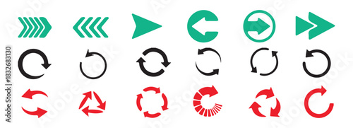 Versatile vector arrow collection including right facing chevrons, play symbols, and circular refresh icons