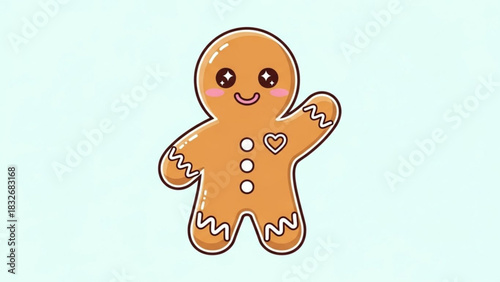 Cute and happy gingerbread man character waving hello with a heart on its chest against a soft blue background perfect for holiday and sweet treat designs