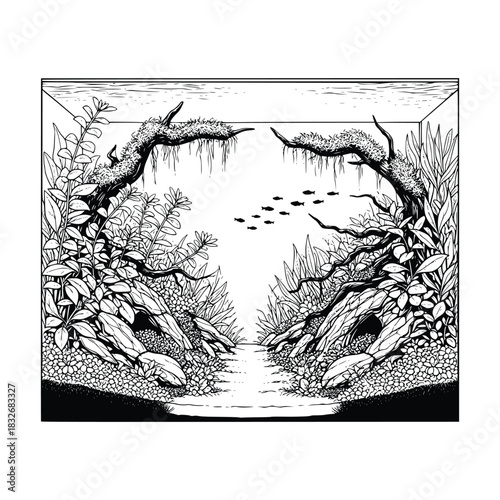 black and white aquarium hand drawn vector style