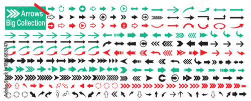 Big collection of arrow icons in green and red colors isolated on white background web design elements