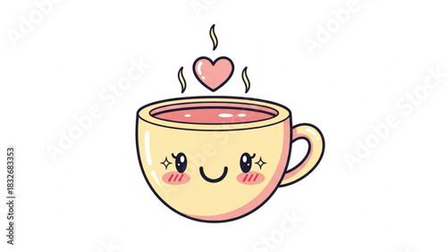 Cute kawaii yellow cup of hot pink beverage with a heart symbol above and a smiling face with blushing cheeks and sparkling eyes on a white background