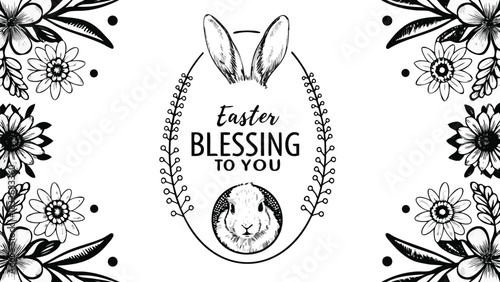 Whimsical hand drawn easter blessing with a cute bunny and floral elements in black and white perfect for greeting cards and decorations