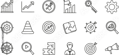 A collection of 20 distinct vector icons is presented in a grid arrangement against a transparent background. The icons are outlined in black, exhibiting a minimalist, line-art style. The icons repres