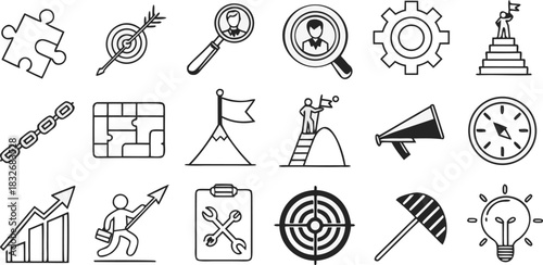 A collection of 20 distinct vector icons is presented in a grid arrangement against a transparent background. The icons are outlined in black, exhibiting a minimalist, line-art style. The icons repres