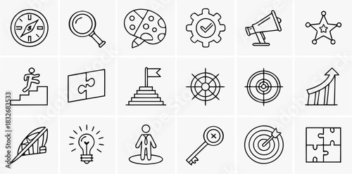 A collection of 20 distinct vector icons is presented in a grid arrangement against a transparent background. The icons are outlined in black, exhibiting a minimalist, line-art style. The icons repres
