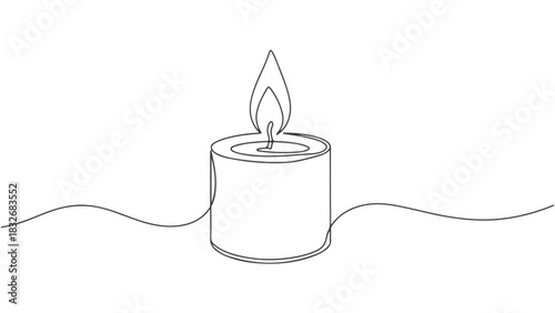 Continuous one line art drawing of a lit candle, a minimalist graphic design for peace and remembrance