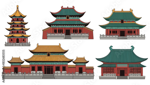 A collection of isolated traditional Asian buildings, featuring classic Chinese temple and pagoda designs